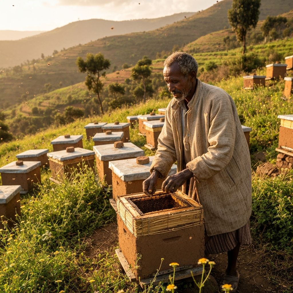 Ethiopian beekeeper with traditional beehives